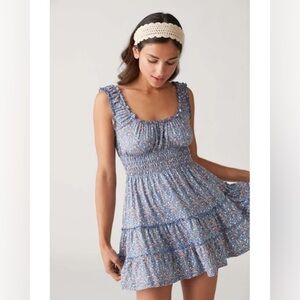 Urban Outfitters Lizzy Smocked Floral Mini Dress, Blue, Size Small